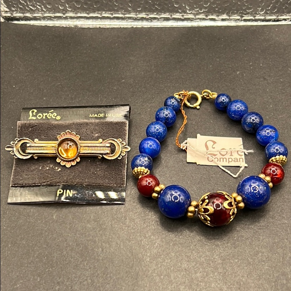 Vintage Lorre bar brooch, beaded bracelet